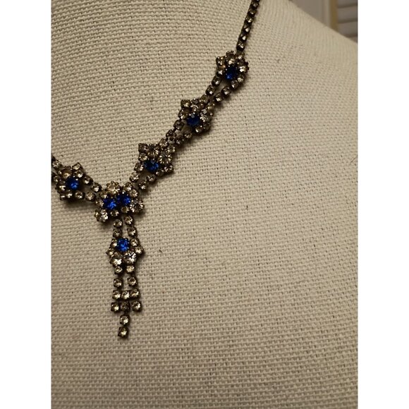 Vintage Sapphire Blue Clear Rhinestone Paste Choker Necklace Statement Cocktail - Picture 3 of 15